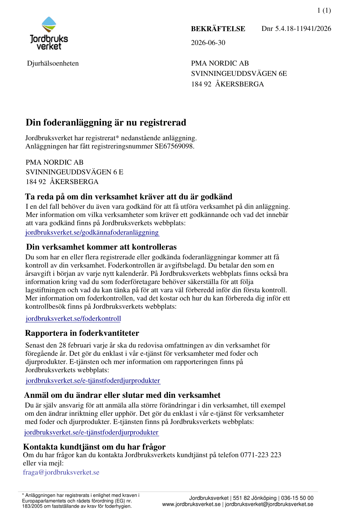 Jordbruksverket confirmation that PMA Nordic AB’s feed establishment is registered, SE67569098