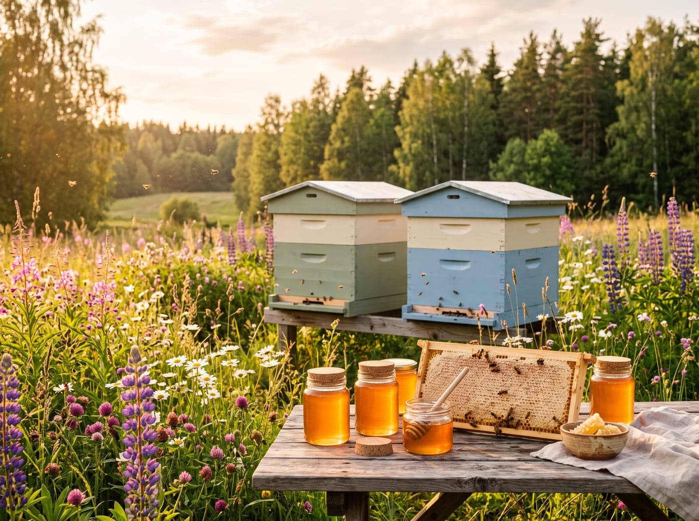 Buzzin' Bees apiary in Svinninge — beehives, wildflowers and jars of raw honey