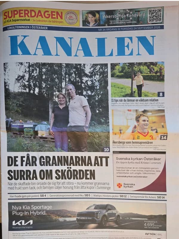 Kanalens förstasida den 24 september 2026 med rubriken De får grannarna att surra om skörden och en bild på Pinar och Adam Akkemik framför kuporna